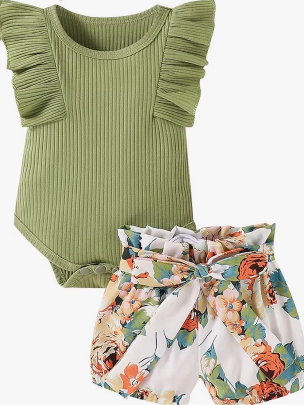 Kids Olive Green Ruffled Bodysuit & Floral Shorts Set
